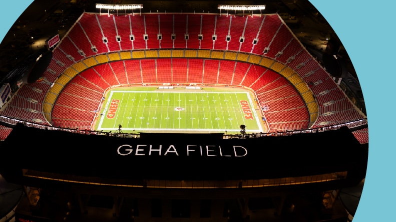 Aerial view of GEHA Field at Arrowhead Stadium in Kansas City, Missouri at night.