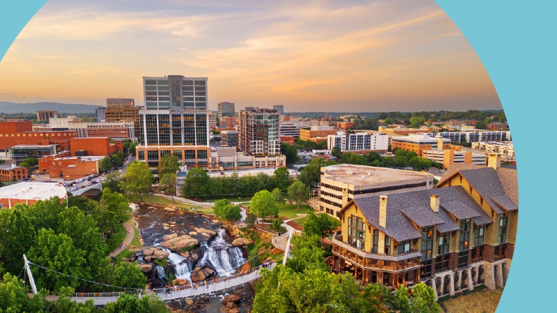 Aerial view of Falls Park on Reedy Creek at dusk in Greenville, South Carolina.
