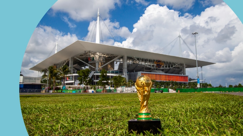 A World Cup FIFA statue on the grounds outside Hard Rock Stadium in Miami, Florida.