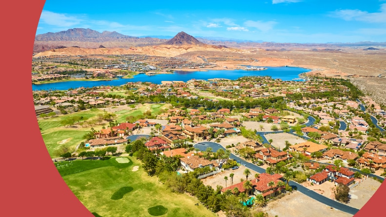 Aerial view of a luxury desert golf community in Henderson, Nevada.