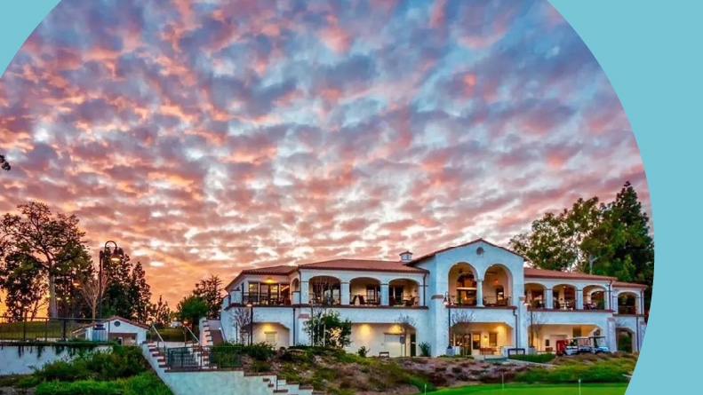 A colorful sunset over the clubhouse at Laguna Woods Village in Laguna Woods, California.