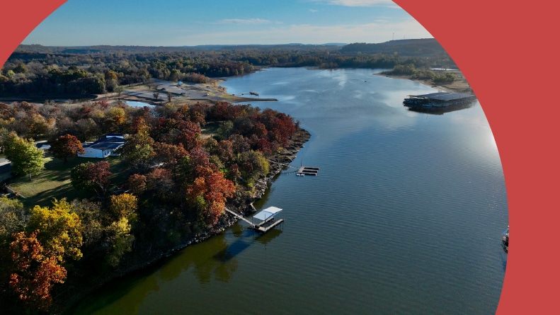 Aerial view of Lake Eufaula in Oklahoma during autumn.