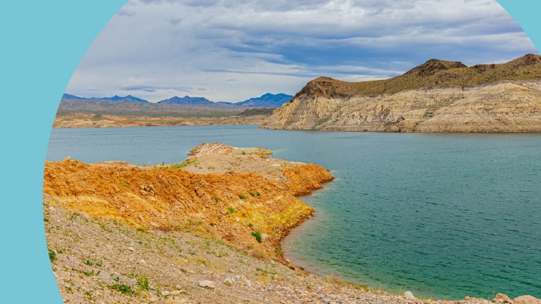 Last Chance Cove on Lake Mead with the Black Mountains in the distance at Lake Mead National Recreational Area in Nevada.