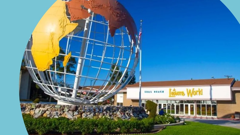 The globe outside the entrance to Leisure World Seal Beach in Seal Beach, California.