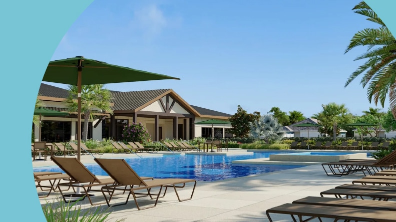 A rendering of the lounge chairs beside the outdoor pool at Lennar at Sanctuary at Wellness Ridge in Clermont, Florida.