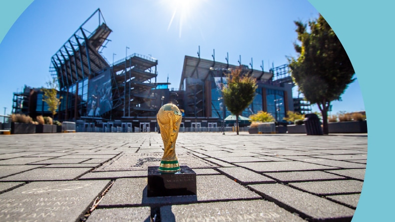 A World Cup FIFA statue on the ground outside Lincoln Financial Field in Philadelphia, Pennsylvania.