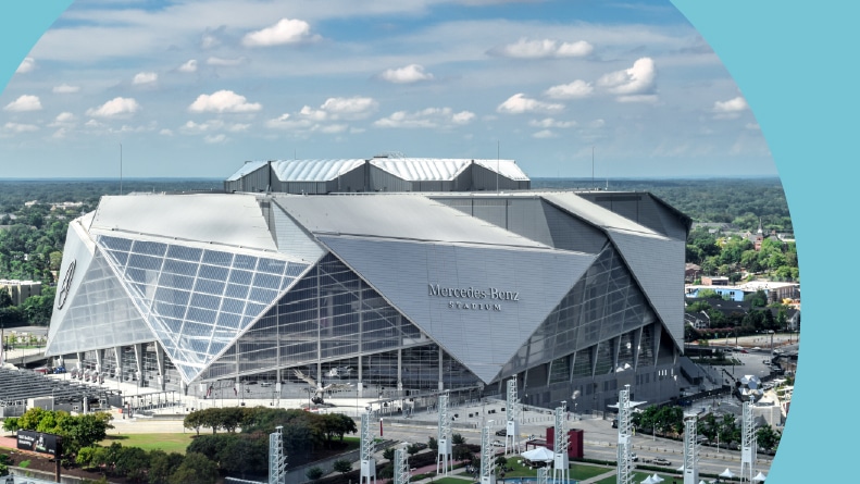 Aerial view of Mercedes Benz Stadium in Atlanta, Georgia.