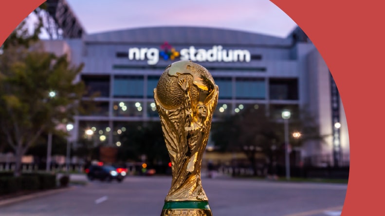 A World Cup FIFA statue on the ground outside NRG stadium in Texas.