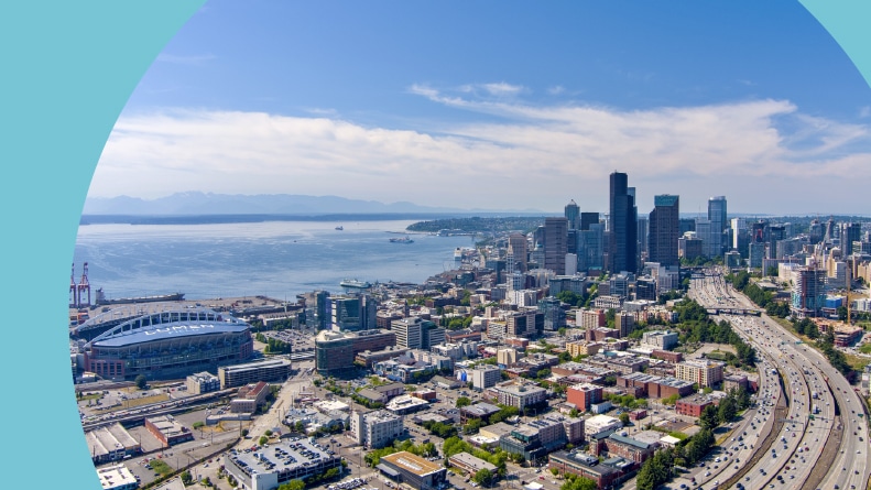 Aerial view of the Seattle skyline in June.