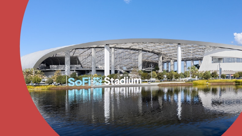 View across the water of Sofi Stadium in Inglewood, California.