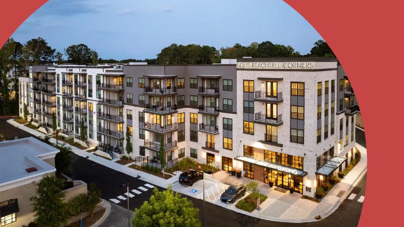Exterior view of the apartment building at Solis Peachtree Corners in Peachtree Corners, Georgia.