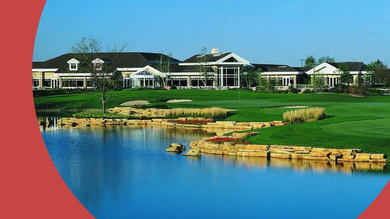 The clubhouse and golf course on the grounds of Sun City Huntley in Huntley, Illinois.