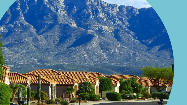 Villas lining a residential street in Sun City Oro Valley in Oro Valley, Arizona.
