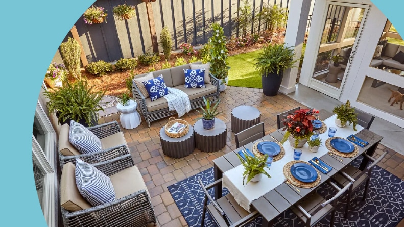 Aerial view of outdoor furniture on a patio at The Courtyards at Oak Grove in Durham, North Carolina.