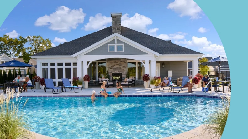 Rendering of residents enjoying the outdoor pool at The Courtyards of Hazel Dell in Noblesville, Indiana.