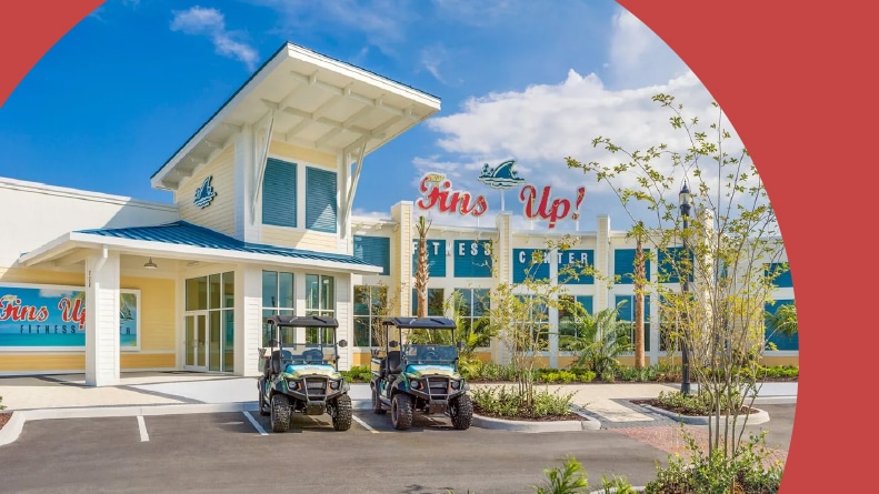 Golf carts parked outside the fitness center at Latitude Margaritaville in Daytona Beach, Florida.