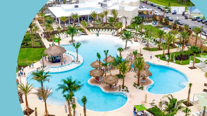 Aerial view of the zero-entry, resort-style pool at Latitude Margaritaville in Daytona Beach, Florida.