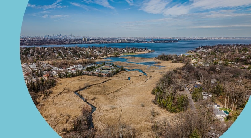 Aerial view over Great Neck, New York on a clear sunny day.