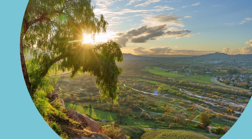 A scenic vista from Mt Rubidoux Trail overlooking the Santa Ana River and the Inland Empire Area in California.