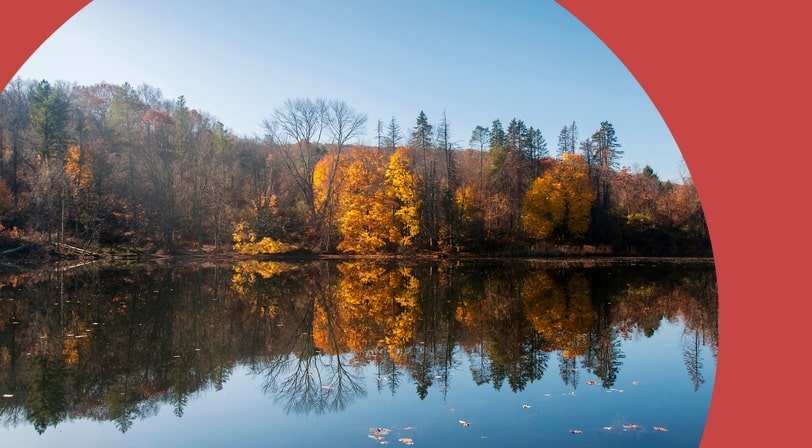 A lake within Tarrywile State Park in Danbury, Connecticut on a sunny autumn day.
