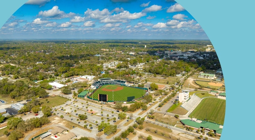 Aerial view of Deland, Florida on a sunny day in the winter.