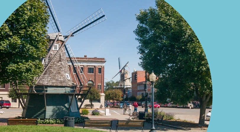 Windmills dotting a main street in Pella, Iowa.