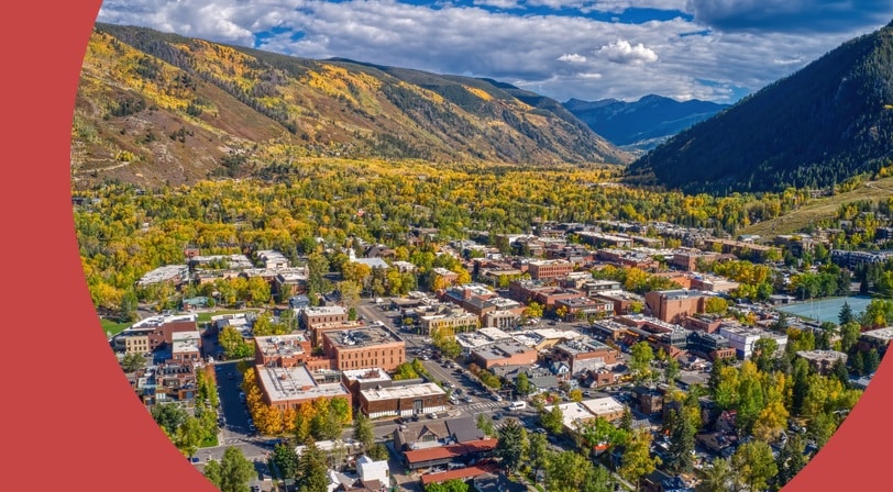 Aerial view of Aspen, Colorado during autumn.