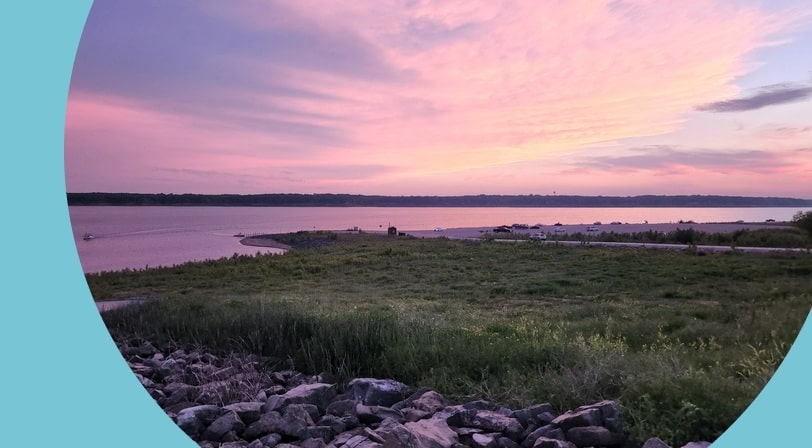 A purple sky over Lake Red Rock in Iowa.