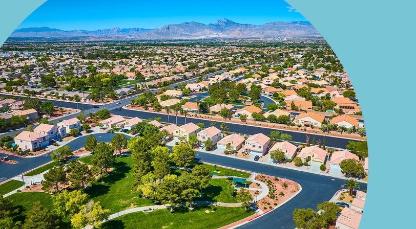 Aerial view of a residential neighborhood and community park in Las Vegas, Nevada.