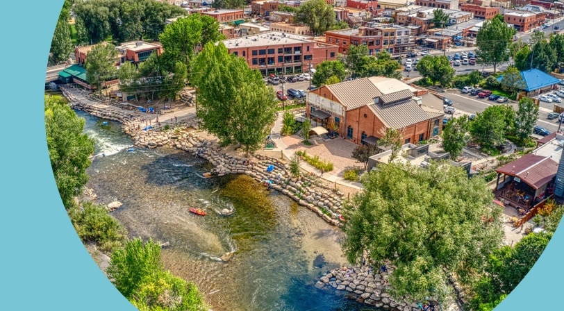 Aerial view of Salida, Colorado and the Arkansas River.
