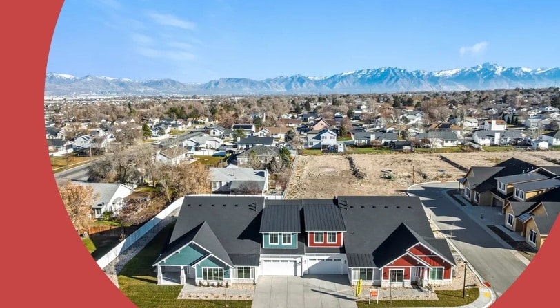 Aerial view of The Cottages at Pearce Farm, a 55+ community in West Valley City, Utah.