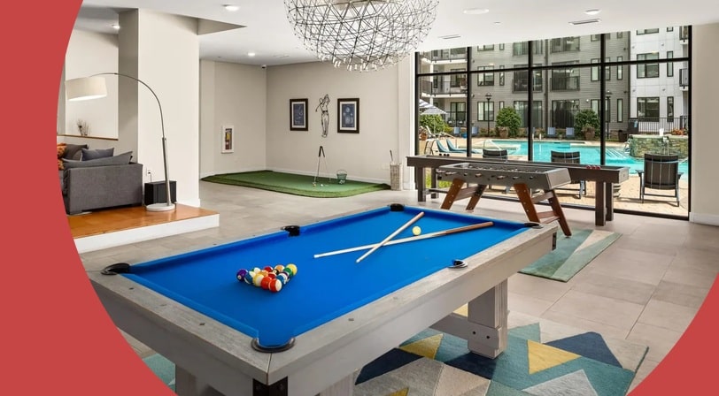 A pool table in a lounge area at Annett in Atlanta, Georgia.
