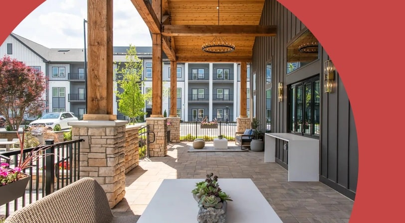 A lounge area on a patio at Solis North Creek in Huntersville, North Carolina.