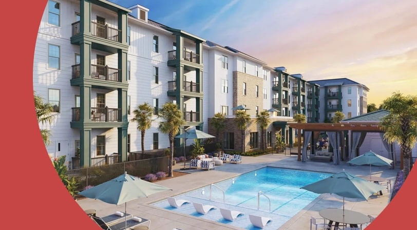 Rendering of the apartment building and outdoor pool at Album Dorchester in Charleston, South Carolina.