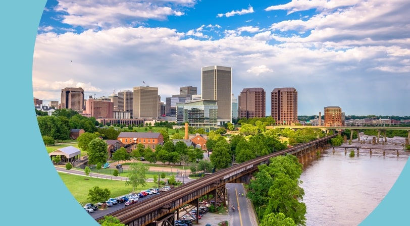 The downtown skyline beside the James River in Richmond, Virginia.