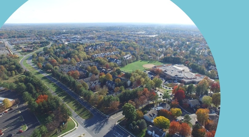 Aerial view of Montgomery County, Maryland in thee autumn.