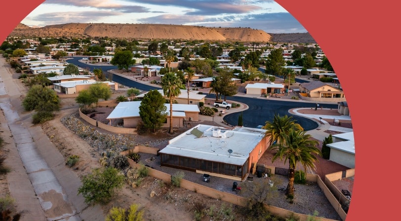 Aerial view of typical homes in Green Valley, Arizona, a retirement community in Pima County.