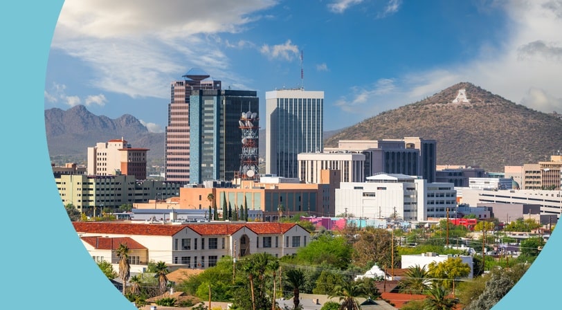 The downtown city skyline of Tucson, Arizona, in the afternoon.