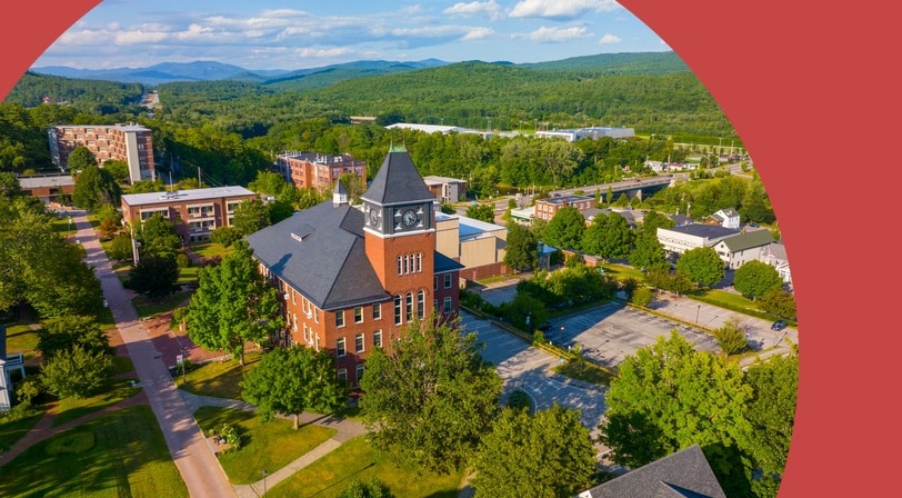 Aerial view of Plymouth State University in the historic town center of Plymouth, New Hampshire.