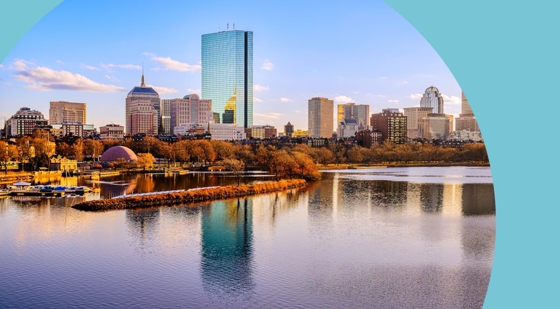 The Boston skyline viewed from across the Charles River in Massachusetts.