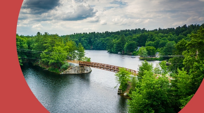 A wooden bridge over the Piscataquog River in Manchester, New Hampshire.