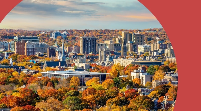 The downtown skyline of New Haven, Connecticut in the autumn.