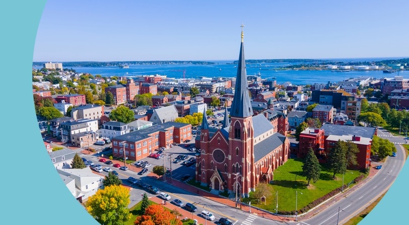 Aerial view of the Portland Cathedral in Downtown Portland, Maine.