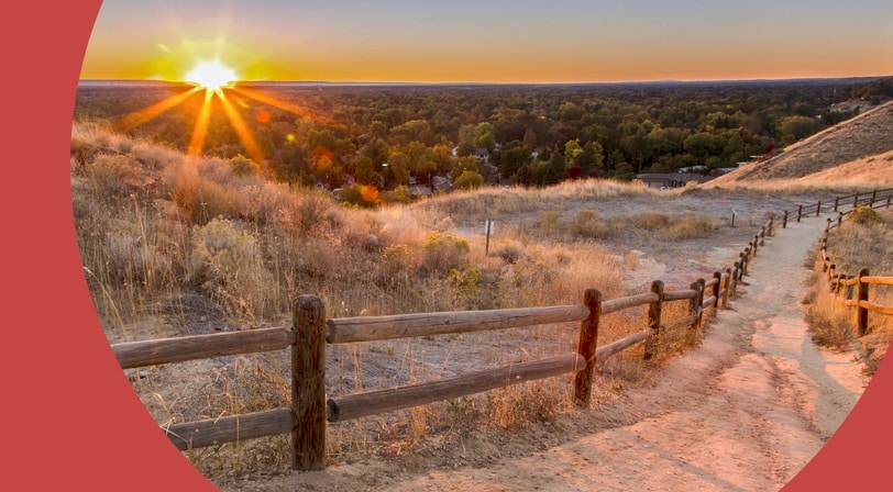 A hiking path in the Boise, Idaho foothills at sunset.