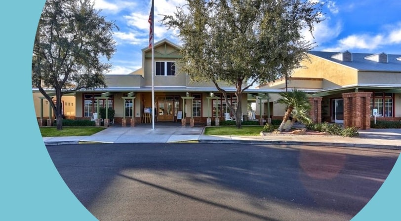 Clubhouse entrance at Arizona Traditions, a 55+ community in Surprise, Arizona.