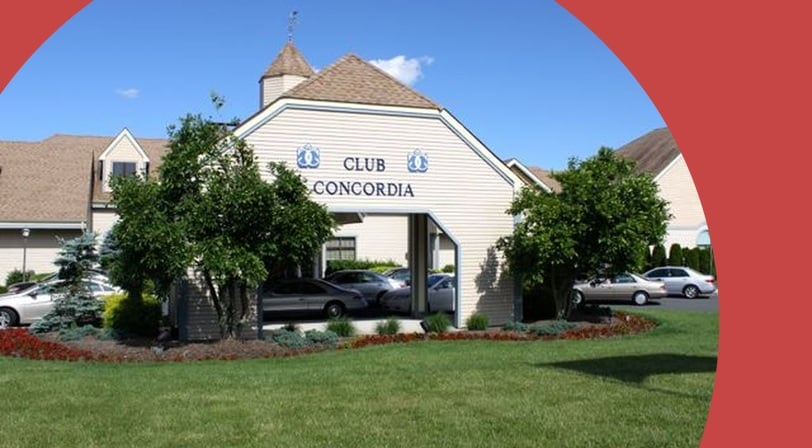Clubhouse entrance at Concordia, a 55+ community in Monroe, New Jersey.