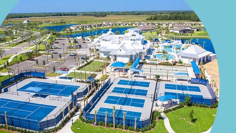 Aerial view of the amenities at Del Webb Ponte Vedra, a 55+ community in Ponte Vedra, Florida.