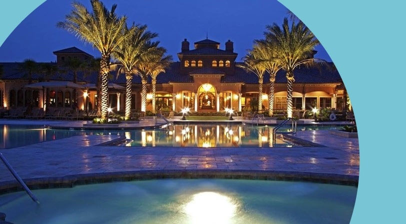 Clubhouse pool at night at Del Webb Ponte Vedra, a 55+ community in Ponte Vedra, Florida.