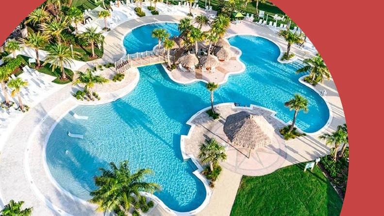 Aerial view of the outdoor resort-style pool at Latitude Margaritaville Hilton Head in Hardeeville, South Carolina.