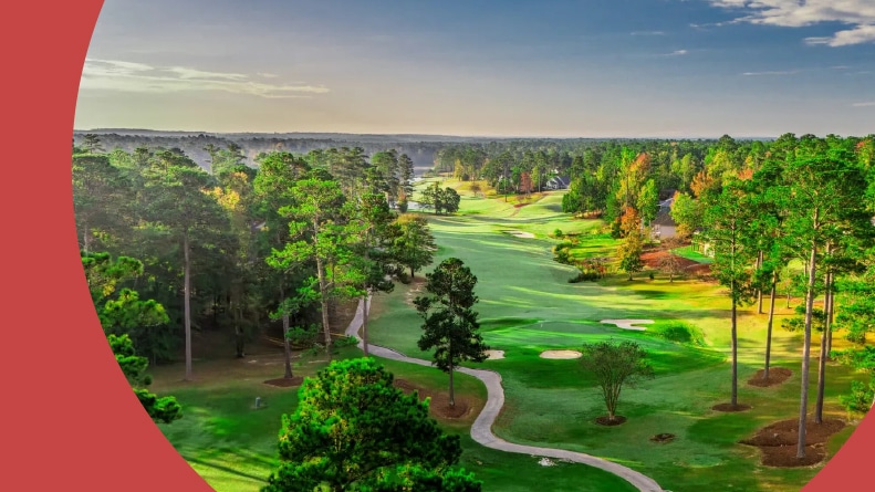 Aerial view of trees lining the golf course at Savannah Lakes Village in McCormick, South Caolina.